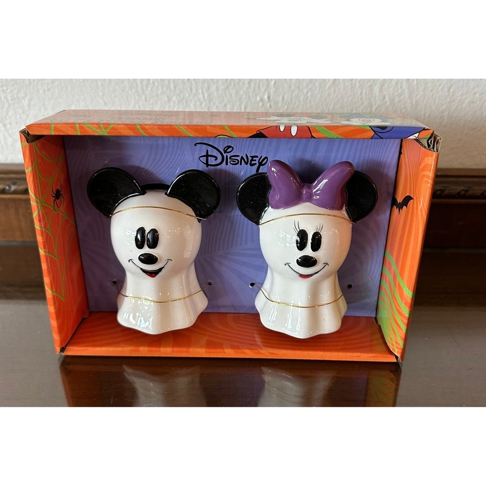 Disney Mickey Minnie Mouse Ghost Ceramic Salt Pepper Shakers Halloween Set New